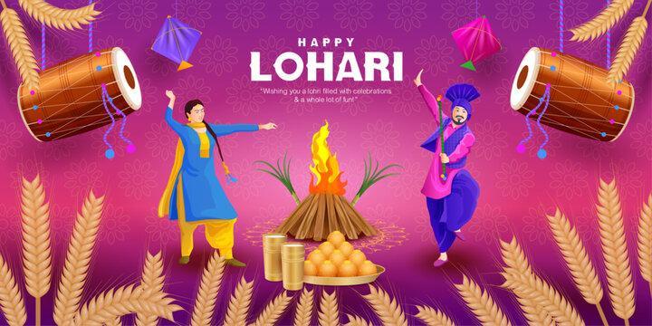 This vibrant Lohri festival vector illustration beautifully captures the joy and cultural spirit of Punjab&rsquo;s traditional celebration. The artwork features a glowing bonfire.
