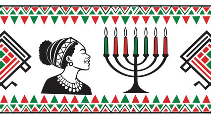 Vector illustration of African woman celebrating Kwanzaa with traditional clothing and kinara candles in cultural festive environment, side view design