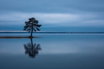 Lonely tree stands in shallow water under cloudy sky