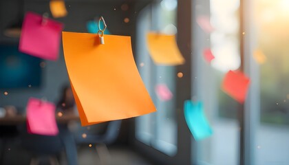 Colorful Floating Sticky Notes on Startup Desk &mdash; Photorealistic Minimal Copy Space