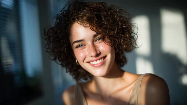 18Natural light portrait of a joyful woman with curly hair wearing a simple tank top, soft shadows dancing across her face from the window blinds