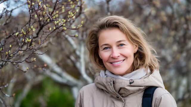 27Portrait of a smiling woman wearing a light spring coat, trees behind her budding with early leaves
