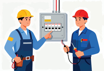 Two electricians in hard hats work on a breaker box, one pointing at switches