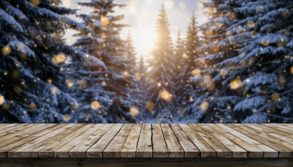 Rustic Wooden Table with Snowy Christmas Window, Twinkling Lights, Pine Branches, and Festive Winter Holiday Mood