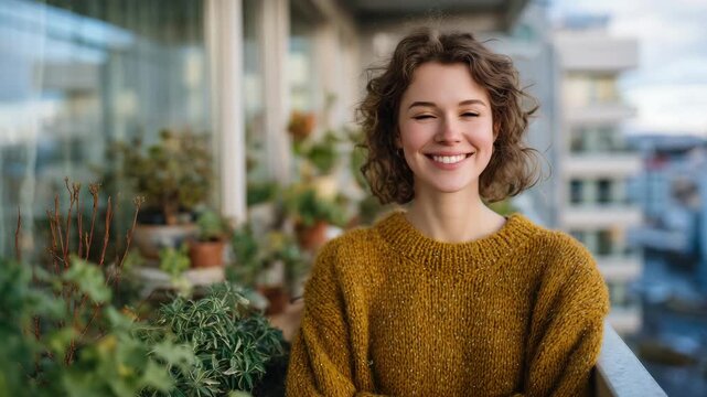 35Woman enjoying first sunny day on balcony with plants awakening from winter dormancy