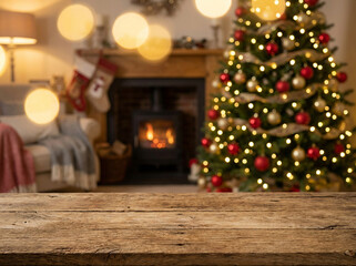 christmas tree and fireplace , Cozy Christmas Living Room with Decorated Tree, Warm Fireplace, and Festive Wooden Table Surface &ndash; High-Resolution Holiday Scene