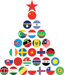 Christmas tree. National flags in circle shape. National flags set. New year tree