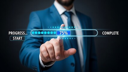 Man in blue suit touching digital progress bar showing 75 percent complete finger