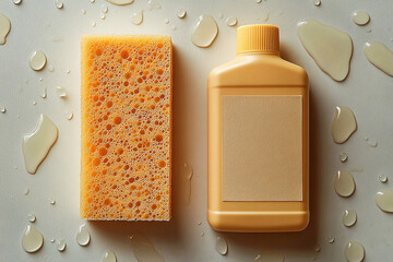 Disinfection. Commercial use. Top view of sponge next to a light detergent bottle with blank labels on a background in beige colors.