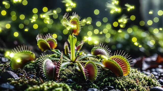 A magical Venus fly trap carnivorous plant glowing in a mysterious forest surrounded by a swarm of enchanted fireflies