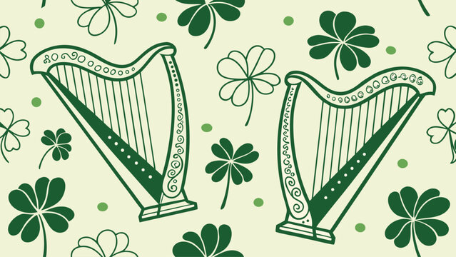 Vector illustration of two decorative harps with shamrocks pattern, Celtic cultural symbols, seamless background, graphic design, flat vector art style