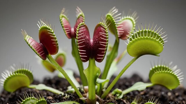 Detailed macro shot of a carnivorous Venus fly trap showing the intricate details of its open and closed leaf traps for catching flies