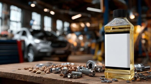 41Antifreeze bottle on mechanic&rsquo;s wooden table, scattered nuts and bolts, bright workshop atmosphere, blank label for mockup