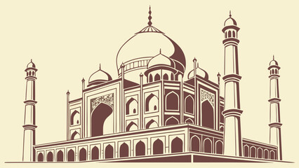 Fototapeta premium Vector illustration of Taj Mahal architectural landmark in India with detailed dome and minarets from front viewpoint for cultural heritage design