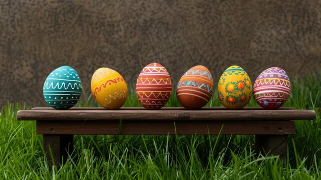 Video Colorful Easter eggs displayed on a rustic wooden bench