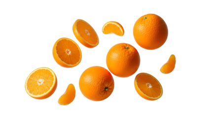 Floating oranges and orange slices against a dark black background with dramatic lighting