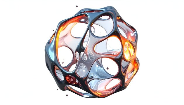 A complex, metallic orb with hollow, rounded sections and glowing interior