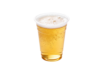A plastic cup filled with light golden beer with frothy head on top