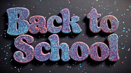 Sparkling glitter letters spell out "Back to School" with confetti on a dark background. with glitter-covered dimensional letters, scattered with colorful confetti against a dark, textured surface.