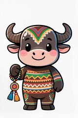 Fototapeta premium Cute chibi buffalo mascot decorated with Tây Nguyên tribal patterns, holding lucky charm, cheerful face, glossy toy style, isolated on white.