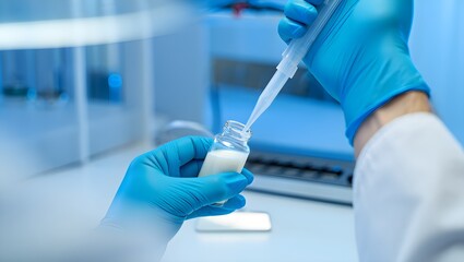 Scientist Pipetting Fresh Milk Sample in Sterile Laboratory for Quality Testing