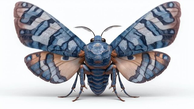 Beautiful moth with colorful wings in front of white background.