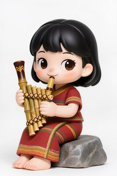 Cute chibi T&acirc;y Nguy&ecirc;n girl sitting on rock, playing kh&egrave;n Bầu, gentle smiling expression, glossy figurine on white.