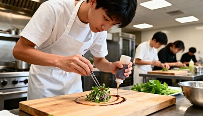 Medium shot of a student practicing plating techniques during a culinary certification class filled with modern kitchen equipment and focused learners.