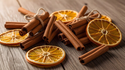 Aromatic cinnamon sticks bundled with dried orange slices rest upon rustic weathered wood for holiday baking or potpourri on transparent background