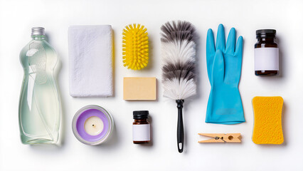 Spring Cleaning Supplies Flat Lay. Essential Home Cleaning and Housekeeping Products Arranged on White Background.