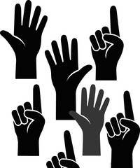 Isolated a kinds of different many raised hands silhouettes in seamless pattern - voting, protest, volunteering, school vector art with white background.