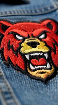 Embroidered Red Bear Patch on Blue Denim Fabric, Extreme Close Up