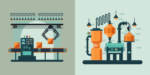 Automated industrial production lines featuring a robotic arm on a conveyor belt and complex chemical processing machinery in a modern factory setting