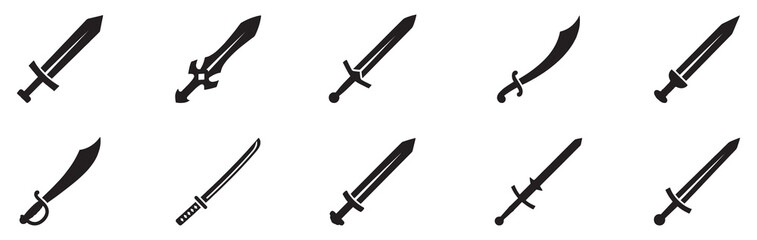 Sword icon vector set. Saber illustration sign collection.  blade. Weapon symbol. Steel logo. Collection of black sword silhouettes on white background weapon. Vector Illustration. © Yana