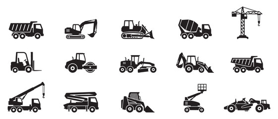 Construction transport icon set. Heavy construction and industrial vehicles black silhouette icons. Vector Illustration.  © Jeremy_Show