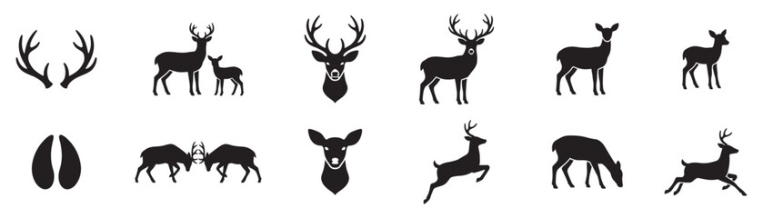 Deer icon set. Deer silhouette icon. Deer horn, footprints, head icon. Vector Illustration.  