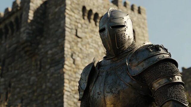 Medieval knight in shining battle armor near fortress gates illuminated by sun symbolizing loyalty, courage and the artistic mastery of metalwork representing strength the legacy of historical heroism