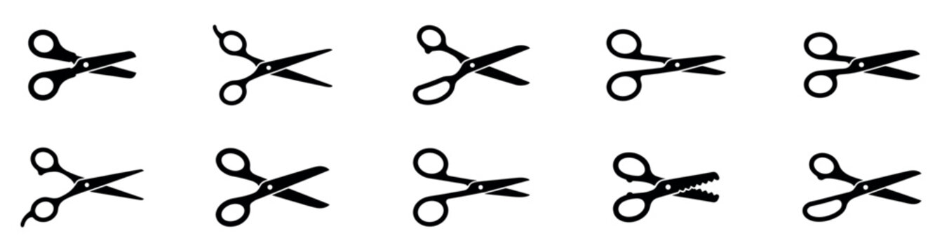 Scissors vector icons set. A collection of various scissor silhouettes and symbols, perfect for craft, salon, and office-related themes. Vector Illustration. EPS 10