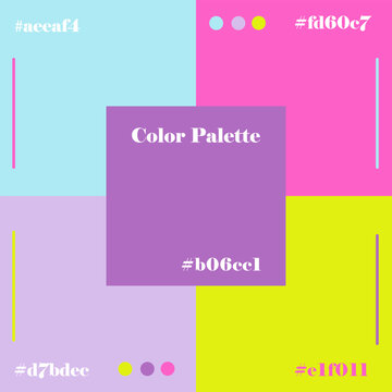 Colorful vector illustration featuring a modern palette with hex codes displayed. Includes vibrant shades of purple, pink, blue, and yellow, offering design inspiration and creativity.