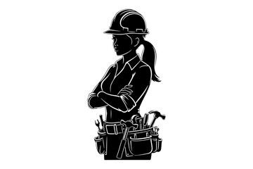 Empowered Female Tradesperson Silhouette A skilled woman in a hard hat and tool belt, embodying strength, expertise, and dedication within the construction and skilled labor industries