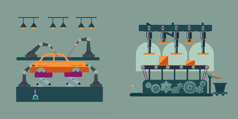 Automated manufacturing processes featuring robotic arms assembling a car body alongside a conveyor belt system packaging goods in a stylized industrial setting