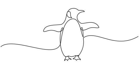 Continuous one line drawing of penguin, walking, monochrome illustration. Minimalist single line art style penguin. Vector illustration
