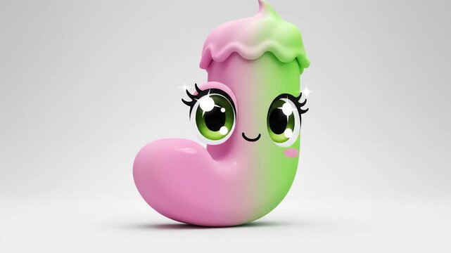 A cute, cartoonish 3D rendered letter J with big green eyes and pink and green colors.