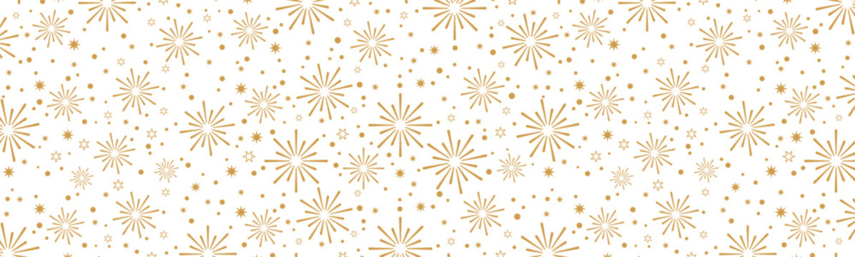 Seamless golden fireworks and starburst pattern on a clean white background, festive minimal design ideal for Christmas, New Year, party decor, wrapping paper, invitations, greeting cards and holiday 