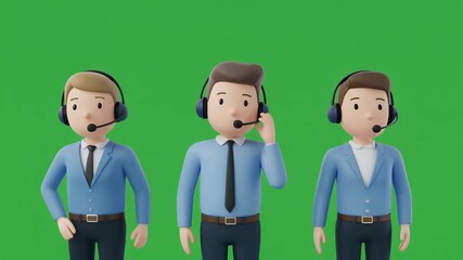 Three friendly 3D cartoon customer service agents wearing headsets are ready to assist with professional support in a modern, illustrative style.