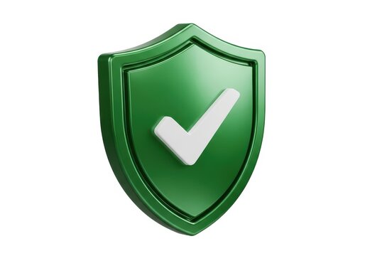 Glossy green shield icon featuring a raised white checkmark signifying approval or security