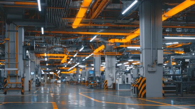 108Factory corridor filled with horizontal and vertical pipe lines, warm orange glow from overhead lights highlighting their geometric arrangement