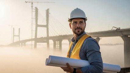 Confident male engineer holding blueprints at bridge construction site. Professional architect in hard hat overseeing infrastructure project on foggy morning