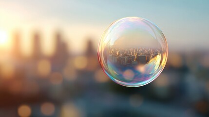 Cityscape is reflected in a transparent bubble. Urban area in fragile sphere. Glass iridescent sphere with building reflection.