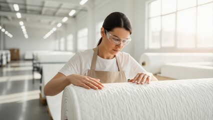 Focused female worker in safety glasses inspecting roll of quilted fabric. Quality control in modern textile manufacturing plant